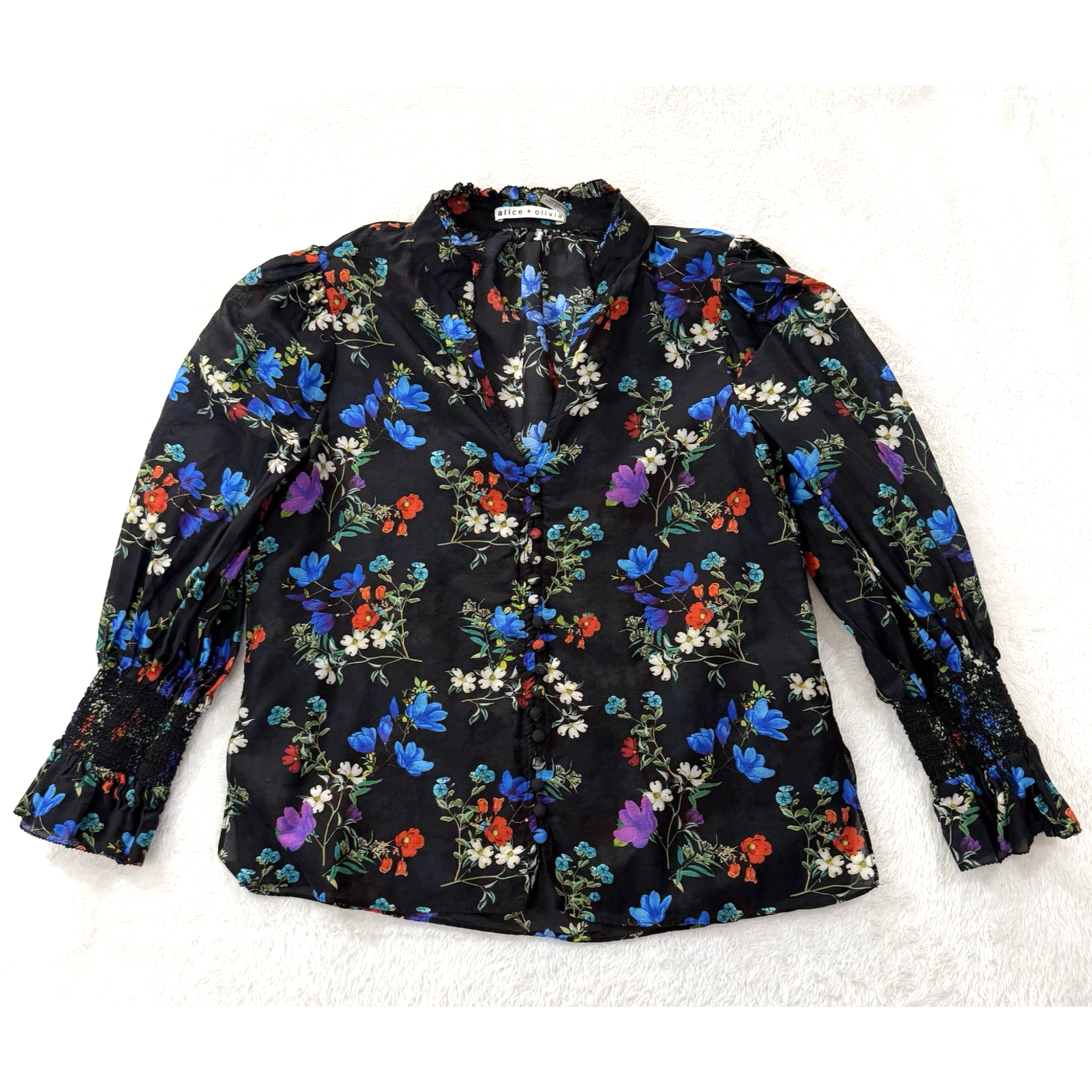 Alice + Olivia Black Floral Silk Blend Blouse Smocked Cuffs Women’s Size Xs